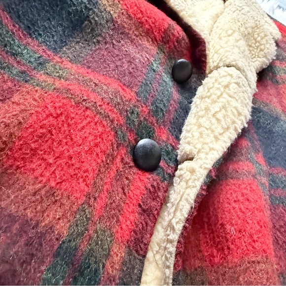 Vintage 60s Rancher Cabincore Red Plaid Wool Chore Jacket Coat Sherpa Shearling - Picture 3 of 10